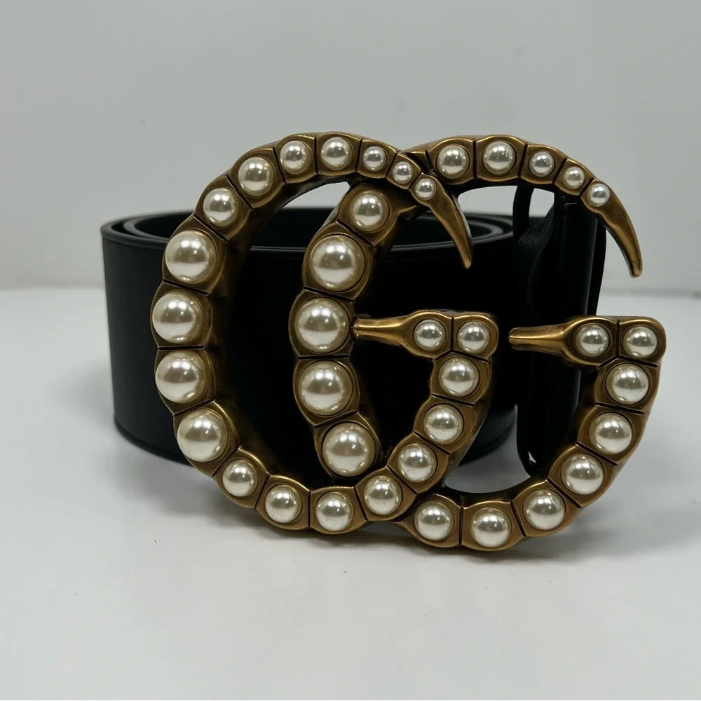 Gucci GG Faux Pearl Accent Black Wide Belt Size 95 - 38 - Picture 1 of 8
